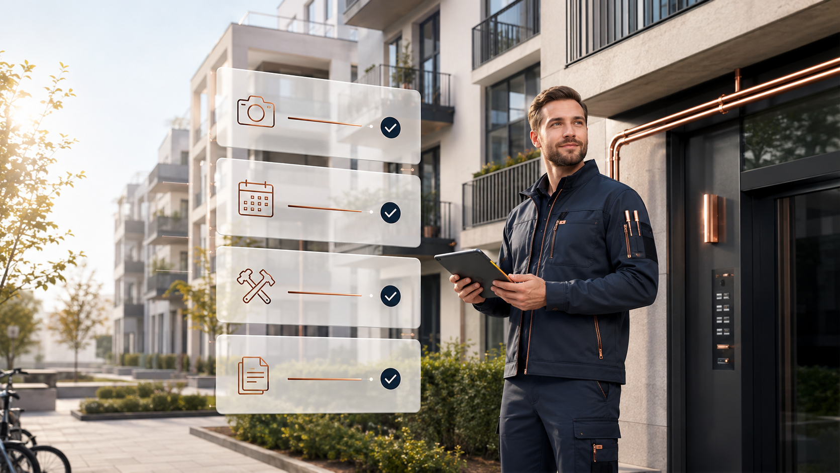 PowerWRX Techniker vor einem Mehrfamilienhaus mit digitalen Service-Tickets
